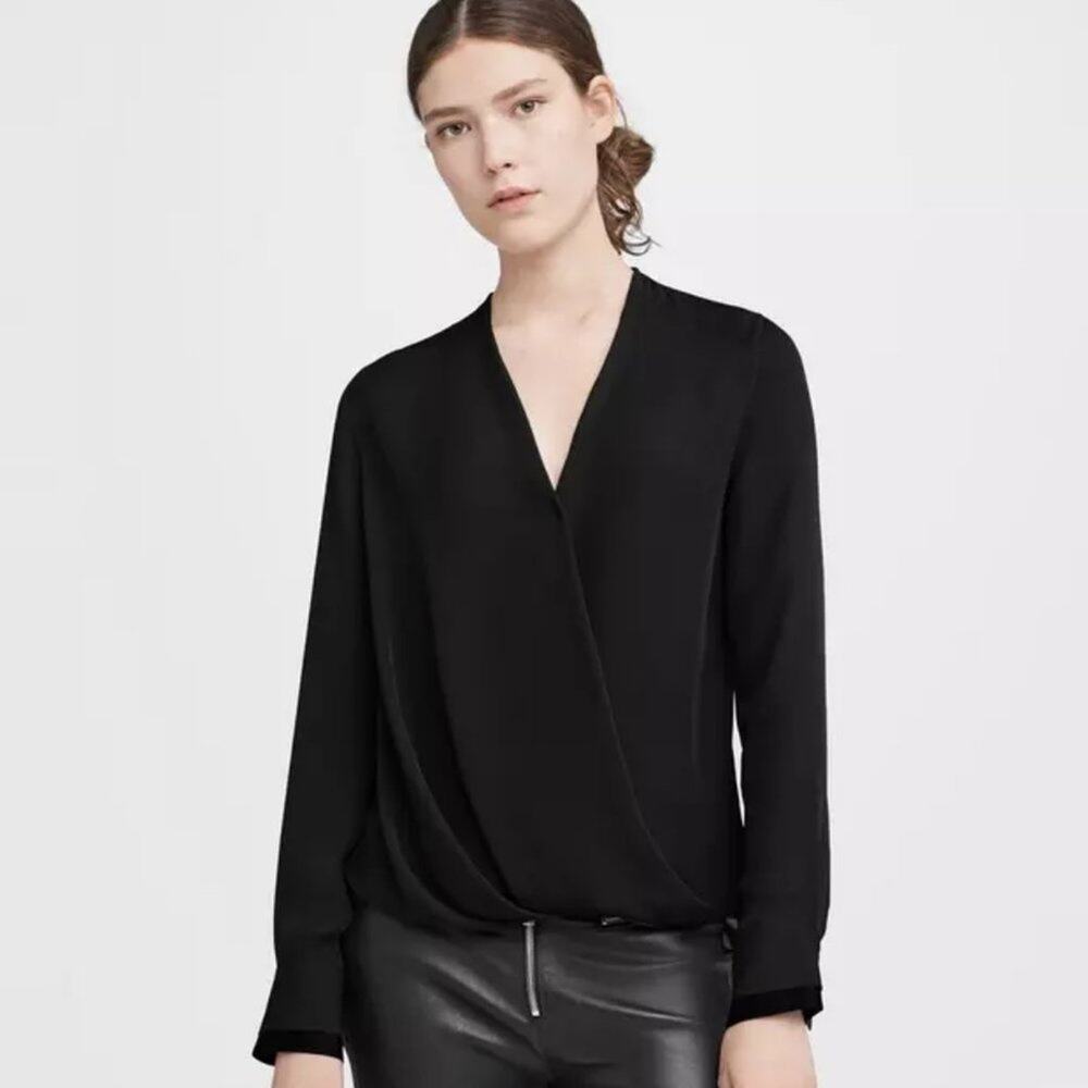 Rag & Bone Victor Draped Silk Top Blouse Black V-Neck Long Sleeve Pullover Small